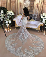 Classic High neck Long Sleevess Mermaid Wedding Dress Silver Tulle Bridal Gowns with Lace Appliques-Ballbella