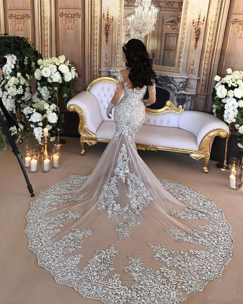 Classic High neck Long Sleevess Mermaid Wedding Dress Silver Tulle Bridal Gowns with Lace Appliques-Ballbella