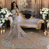 Classic High neck Long Sleevess Mermaid Wedding Dress Silver Tulle Bridal Gowns with Lace Appliques-Ballbella