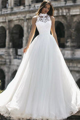 Classic High Neck Sleeveless Appliques A Line Floor Length Wedding Dresses-Ballbella