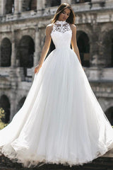 Classic High Neck Sleeveless Appliques A Line Floor Length Wedding Dresses-Ballbella