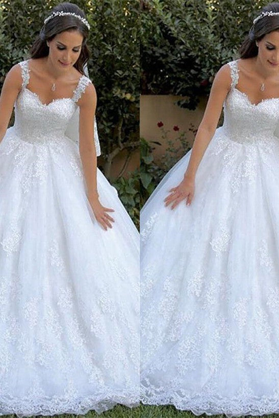 Classic Lace Appliques Straps Wedding Dresses Sleeveless On Sale-Ballbella