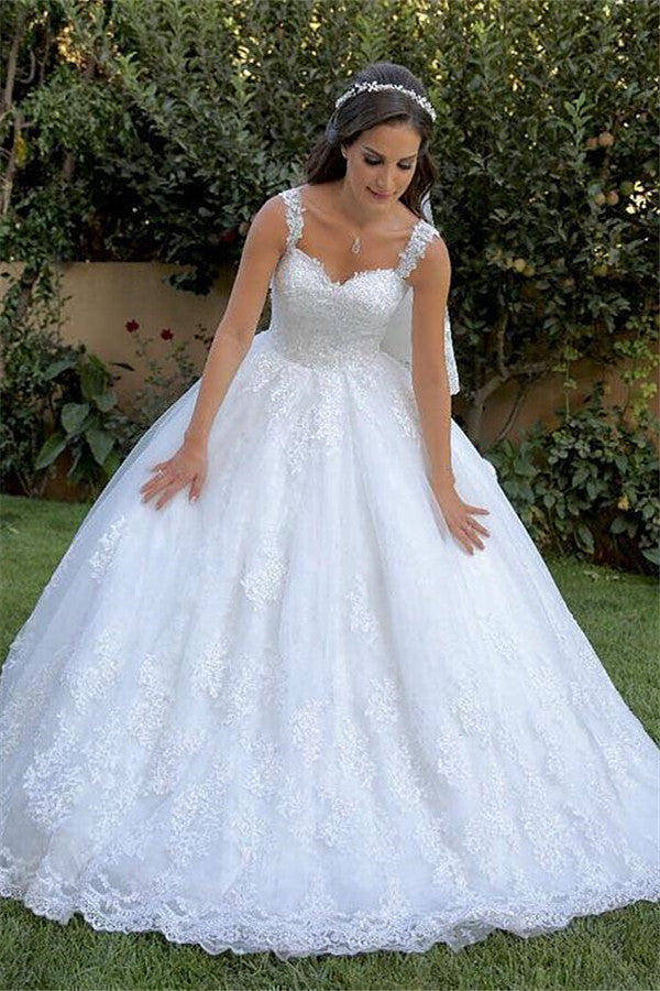 Classic Lace Appliques Straps Wedding Dresses Sleeveless On Sale-Ballbella