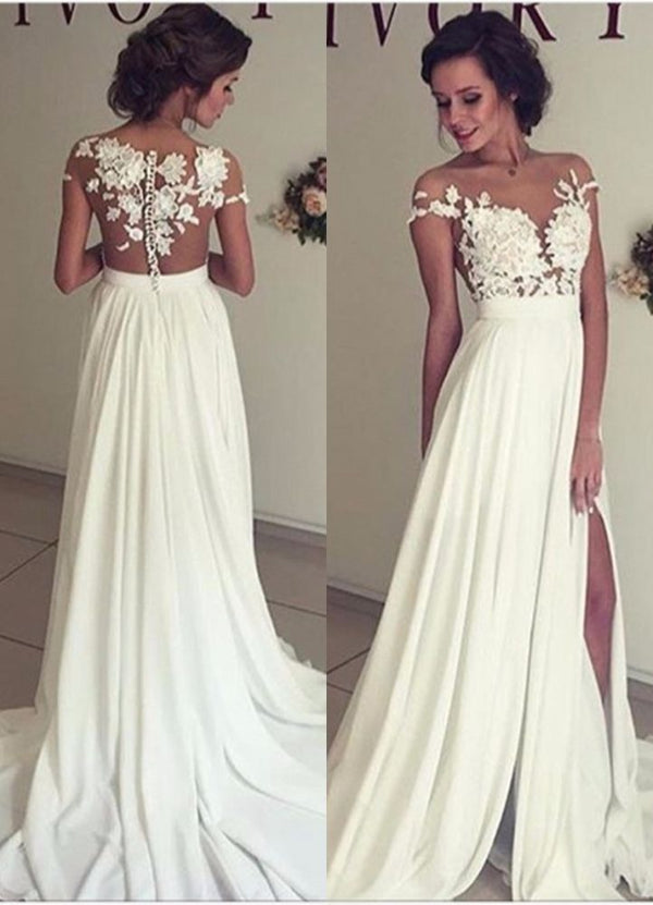 Classic Lace Appliques Wedding Dress Long Chiffon Split-Ballbella