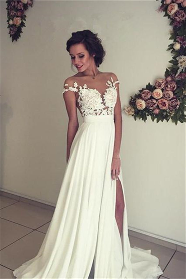 Classic Lace Appliques Wedding Dress Long Chiffon Split-Ballbella