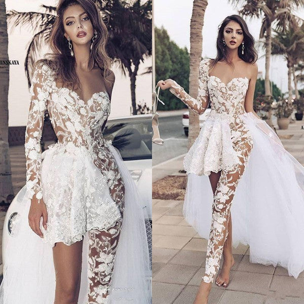 Classic Lace Jumpsuit Asymmetirc See through Overskirt White Wedding Dress-Ballbella