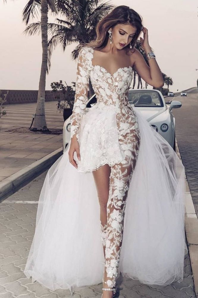 Classic Lace Jumpsuit Asymmetirc See through Overskirt White Wedding Dress-Ballbella