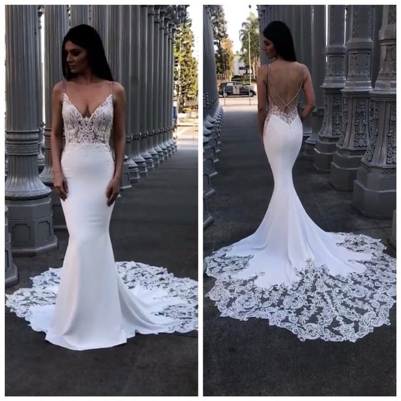Modern V Neck Lace Spaghetti Strap Mermaid Wedding Dress Open Back Bridal  Gown – Ballbella
