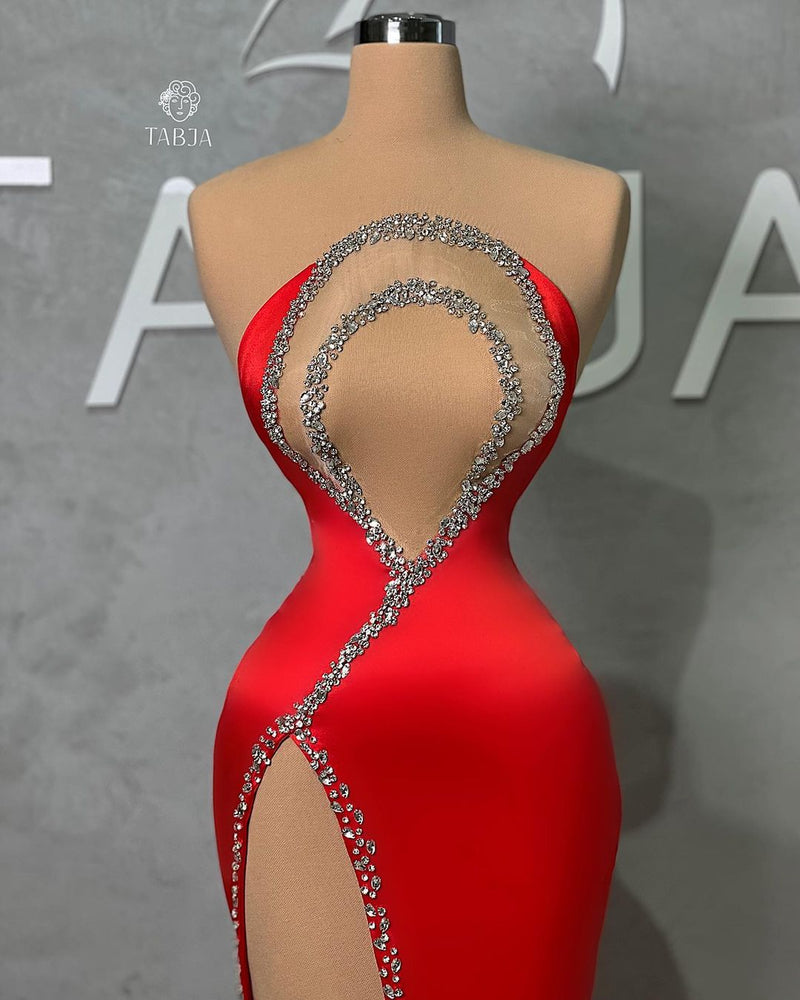 Classic Long Red Mermaid Beading Sleeveless Prom Dresses Long Slit Online-Ballbella