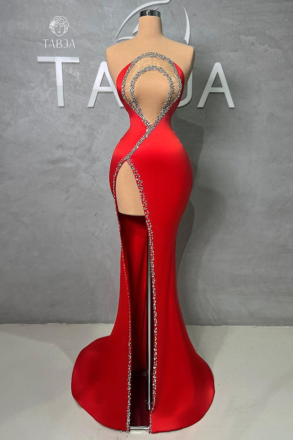 Classic Long Red Mermaid Beading Sleeveless Prom Dresses Long Slit Online-Ballbella