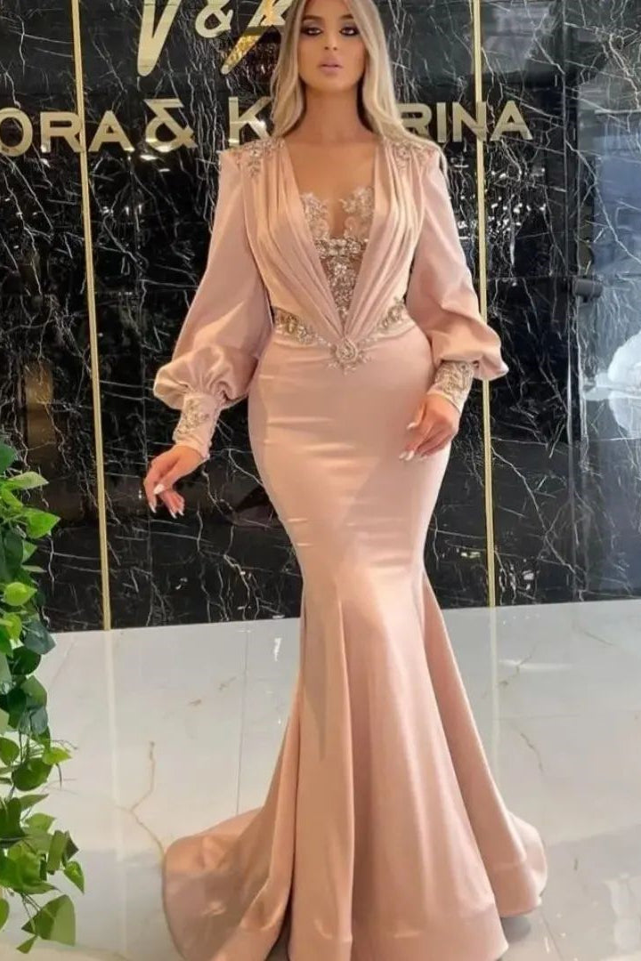 Classic Long Sleeves Mermaid Prom Dresses with Appliques-Ballbella