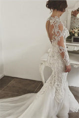 Classic Mermaid Long Sleevess Lace High Neck Crystal Wedding Dresses Modern Beading Bridal Gowns With Buttons-Ballbella