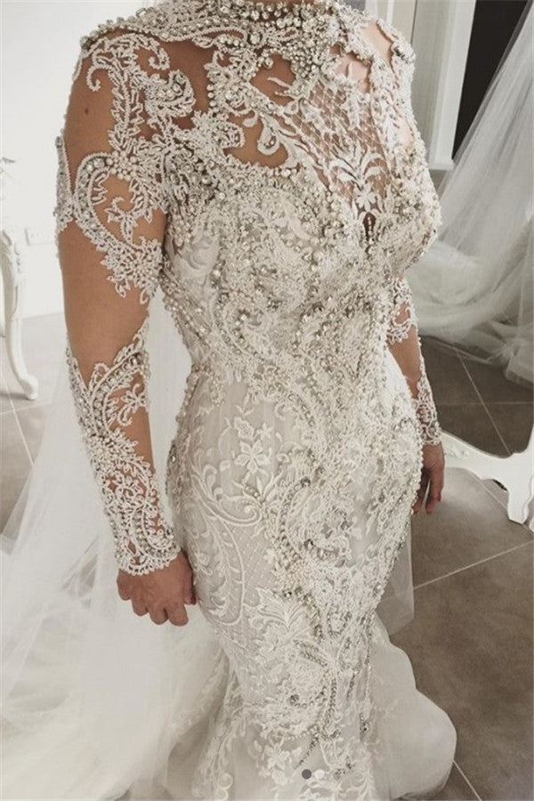 Classic Mermaid Long Sleevess Lace High Neck Crystal Wedding Dresses Modern Beading Bridal Gowns With Buttons-Ballbella