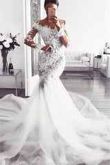 Classic Off the ShoulderWedding Dresses Long Sleevess Mermaid Lace Bridal Gowns-Ballbella