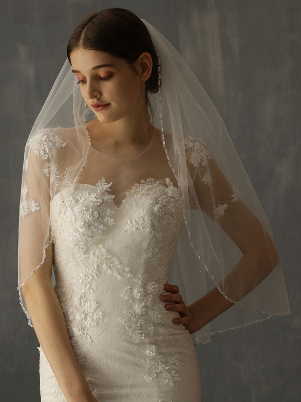 Classic One Tier Piping Cut Edge Wedding Veils-Ballbella