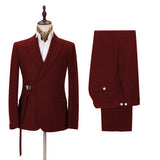 Classic Peak Lapel Buckle Button Formal Burgundy 2 Piece Men's Casual Suit Online-Ballbella