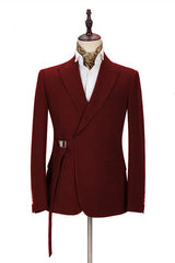 Classic Peak Lapel Buckle Button Formal Burgundy 2 Piece Men's Casual Suit Online-Ballbella