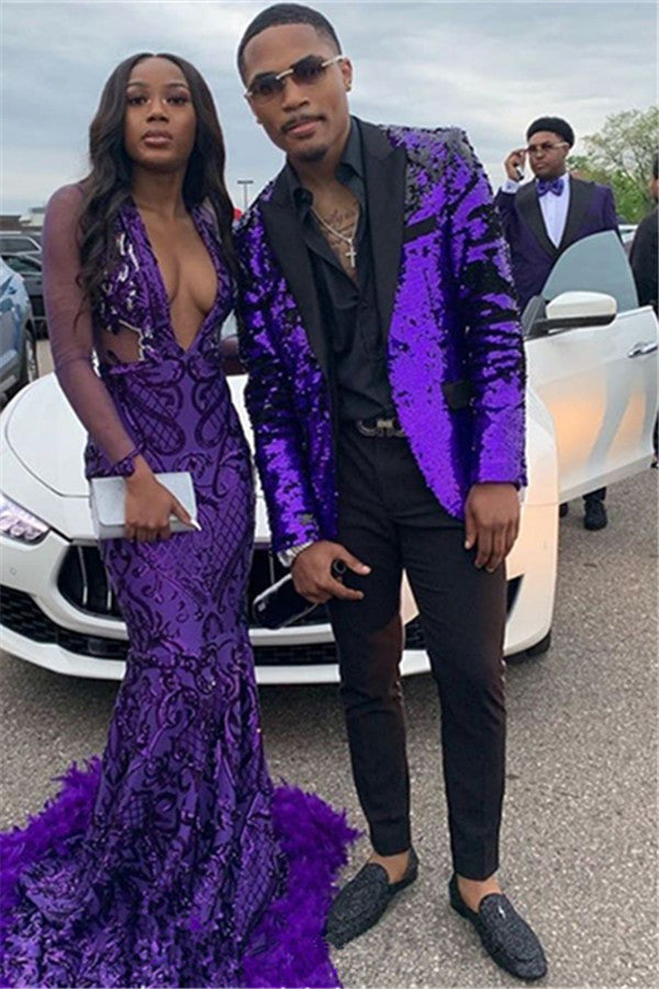 Classic Purple Sequined Men's Suit Two Piece Slim Fit Men's Prom Suits-Ballbella