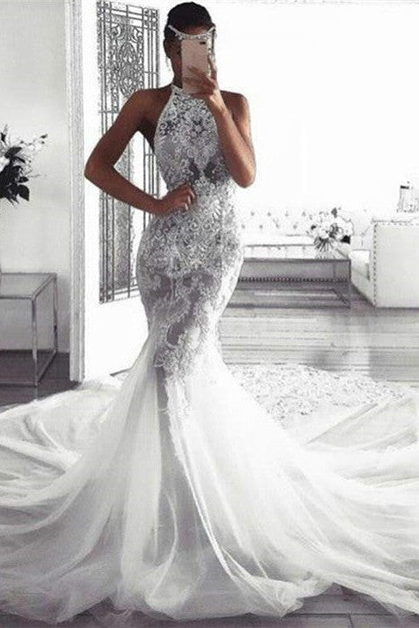 Classic Sleeveless Halter Wedding Dresses Modern Mermaid Tulle Bridal Dresses-Ballbella