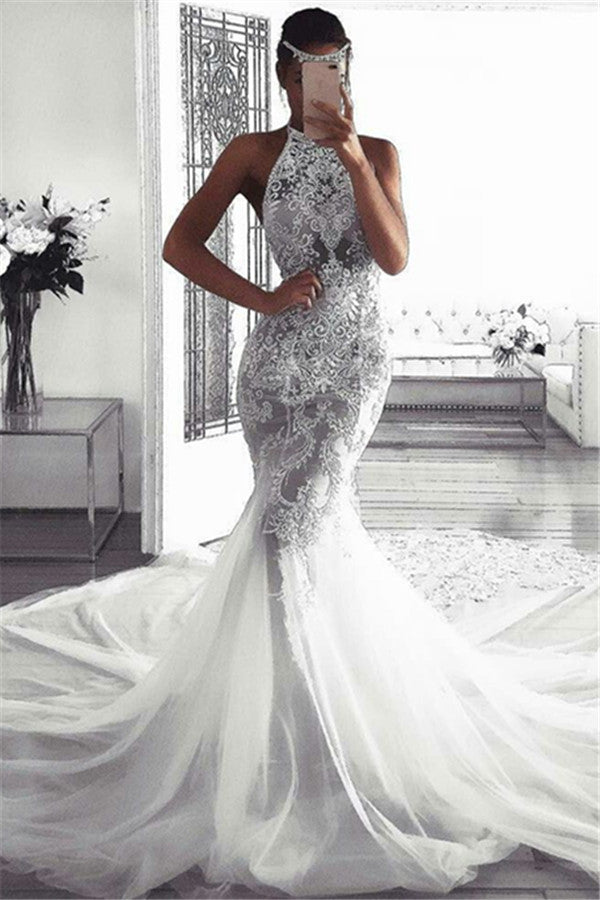 Classic Sleeveless Halter Wedding Dresses Modern Mermaid Tulle Bridal Dresses-Ballbella