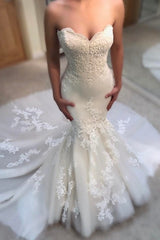 Classic Summer Mermaid Wedding Dresses Sweetheart Neck Appliques Sleeveless Bridal Gowns-Ballbella