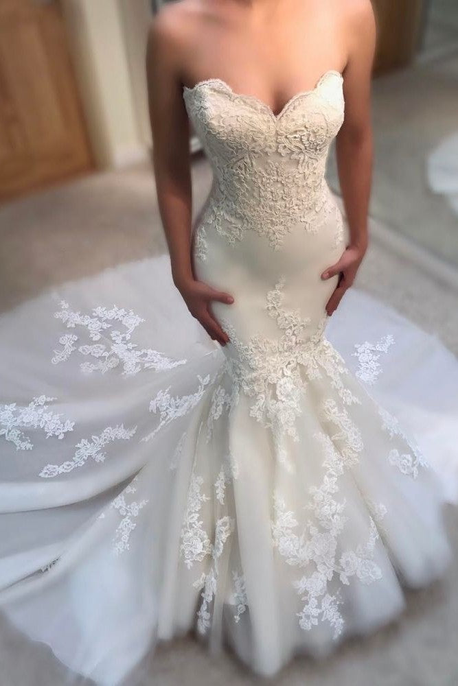 Classic Summer Mermaid Wedding Dresses Sweetheart Neck Appliques Sleeveless Bridal Gowns-Ballbella