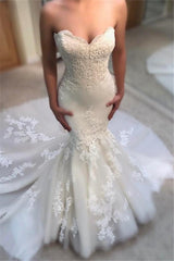 Classic Summer Mermaid Wedding Dresses Sweetheart Neck Appliques Sleeveless Bridal Gowns-Ballbella