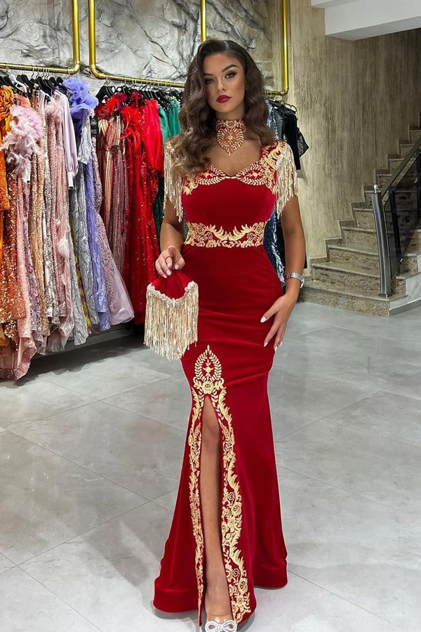 Classic Sweetheart Sleeveless Mermaid Ruby Prom Dresses Long Slit Online-Ballbella