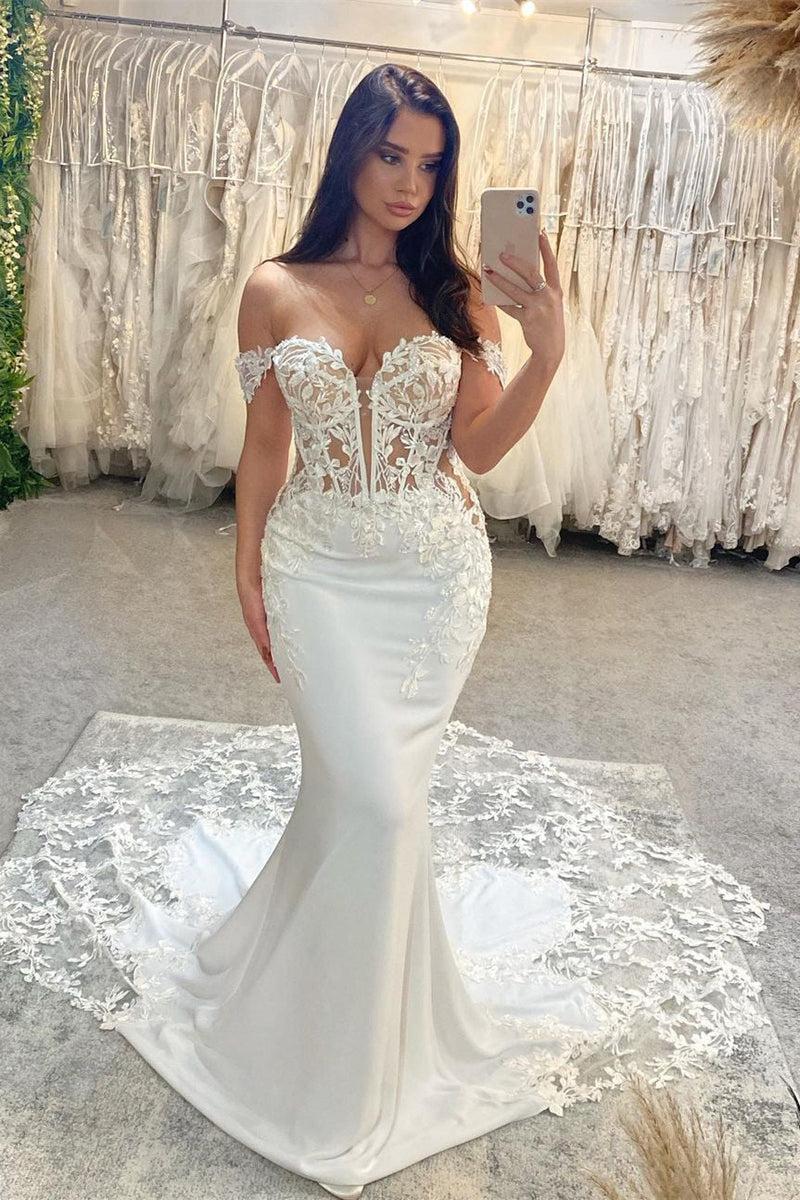 Classic Sweetheart Sleeveless Off-the-Shoulder Mermaid Lace Wedding Dress-Ballbella