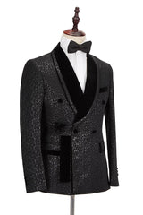 Classic Velvet Lapel Double Breasted Prom Suit Belt Leopard Black Jacquard Men's Suit for Wedding-Ballbella