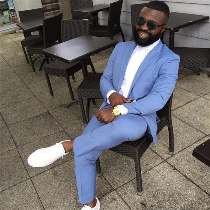 Classy Blue Peaked Lapel Slim Fit Bespoke Men Suits Online-Ballbella