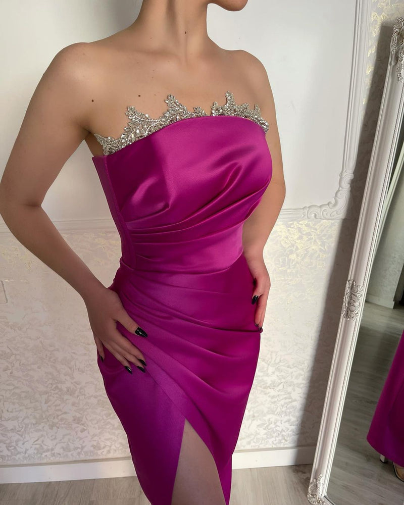 Classy Fuchsia Strapless Crystal Prom Dresses Long Slit Online-Ballbella