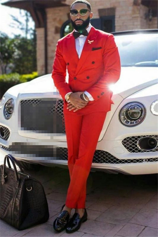 Classy Red Peaked Lapel Double Breasted Formal Men's Business Suitss-Ballbella