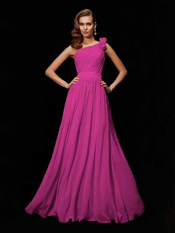 Classy Sleeveless One Shoulders Hand-Made Flower Long Chiffon Bridesmaid Dresses-Ballbella