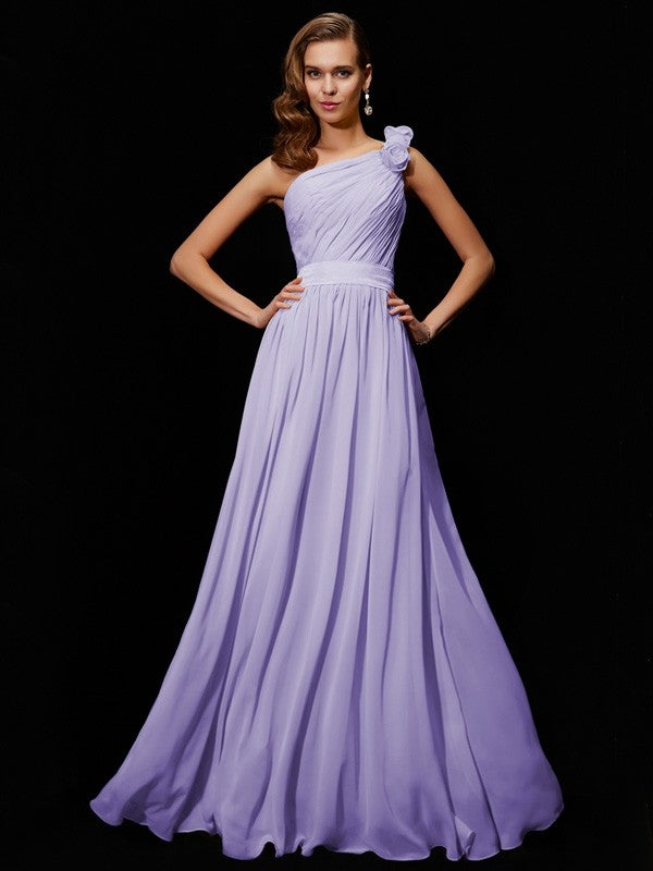 Classy Sleeveless One Shoulders Hand-Made Flower Long Chiffon Bridesmaid Dresses-Ballbella