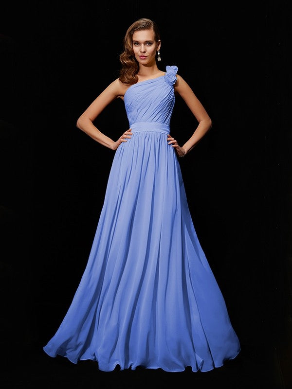 Classy Sleeveless One Shoulders Hand-Made Flower Long Chiffon Bridesmaid Dresses-Ballbella