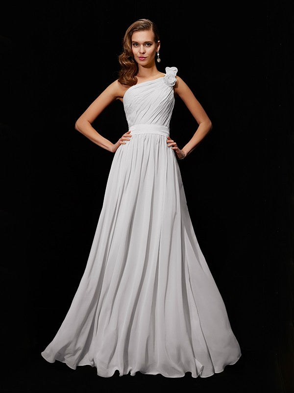 Classy Sleeveless One Shoulders Hand-Made Flower Long Chiffon Bridesmaid Dresses-Ballbella