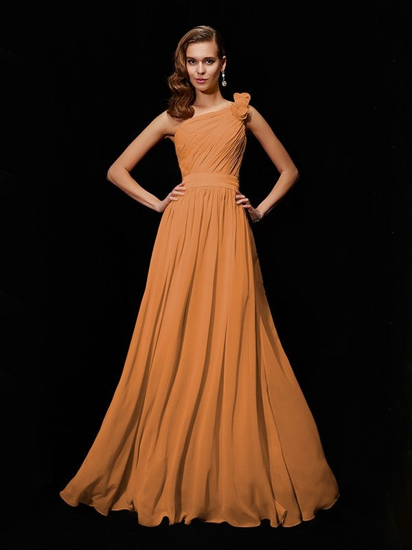 Classy Sleeveless One Shoulders Hand-Made Flower Long Chiffon Bridesmaid Dresses-Ballbella