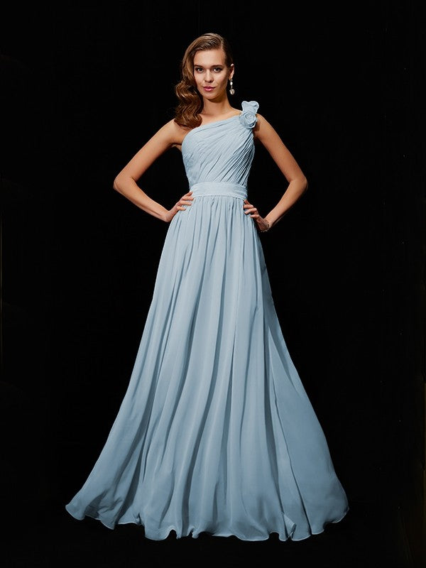 Classy Sleeveless One Shoulders Hand-Made Flower Long Chiffon Bridesmaid Dresses-Ballbella