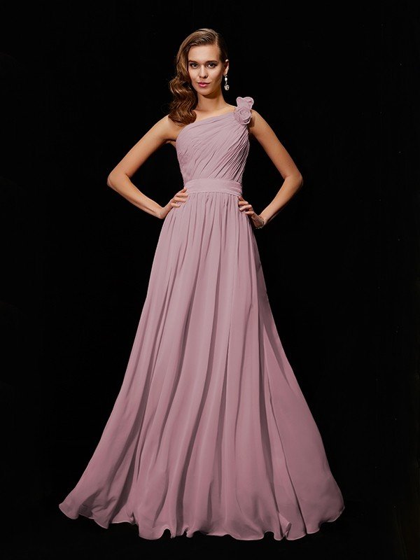 Classy Sleeveless One Shoulders Hand-Made Flower Long Chiffon Bridesmaid Dresses-Ballbella