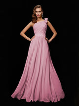 Classy Sleeveless One Shoulders Hand-Made Flower Long Chiffon Bridesmaid Dresses-Ballbella