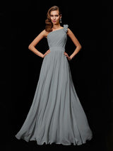 Classy Sleeveless One Shoulders Hand-Made Flower Long Chiffon Bridesmaid Dresses-Ballbella