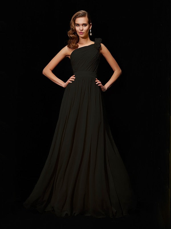 Classy Sleeveless One Shoulders Hand-Made Flower Long Chiffon Bridesmaid Dresses-Ballbella