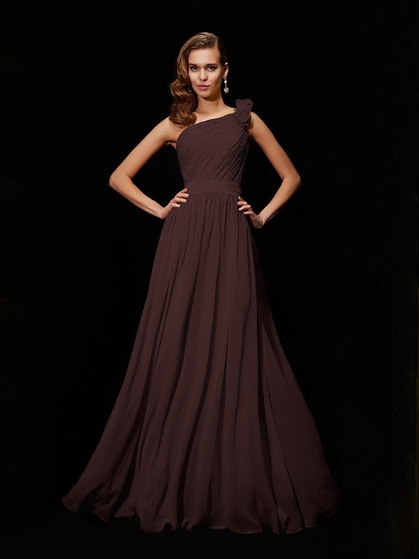 Classy Sleeveless One Shoulders Hand-Made Flower Long Chiffon Bridesmaid Dresses-Ballbella