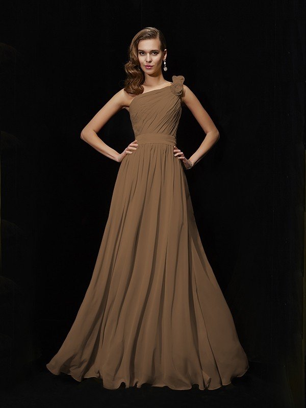 Classy Sleeveless One Shoulders Hand-Made Flower Long Chiffon Bridesmaid Dresses-Ballbella