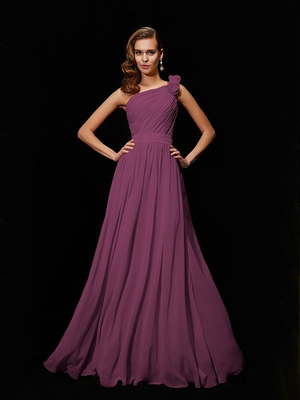 Classy Sleeveless One Shoulders Hand-Made Flower Long Chiffon Bridesmaid Dresses-Ballbella