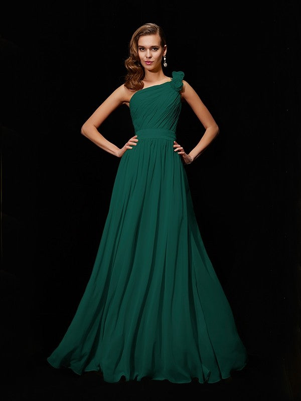 Classy Sleeveless One Shoulders Hand-Made Flower Long Chiffon Bridesmaid Dresses-Ballbella