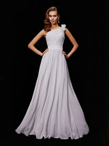 A-Line Charming One Shoulder Sleeveless Hand-Made Flower Long Chiffon Bridesmaid Dresses