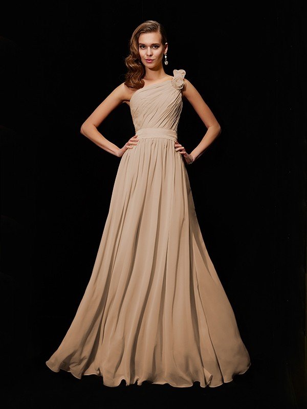 A-Line Charming One Shoulder Sleeveless Hand-Made Flower Long Chiffon Bridesmaid Dresses