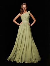 A-Line Charming One Shoulder Sleeveless Hand-Made Flower Long Chiffon Bridesmaid Dresses